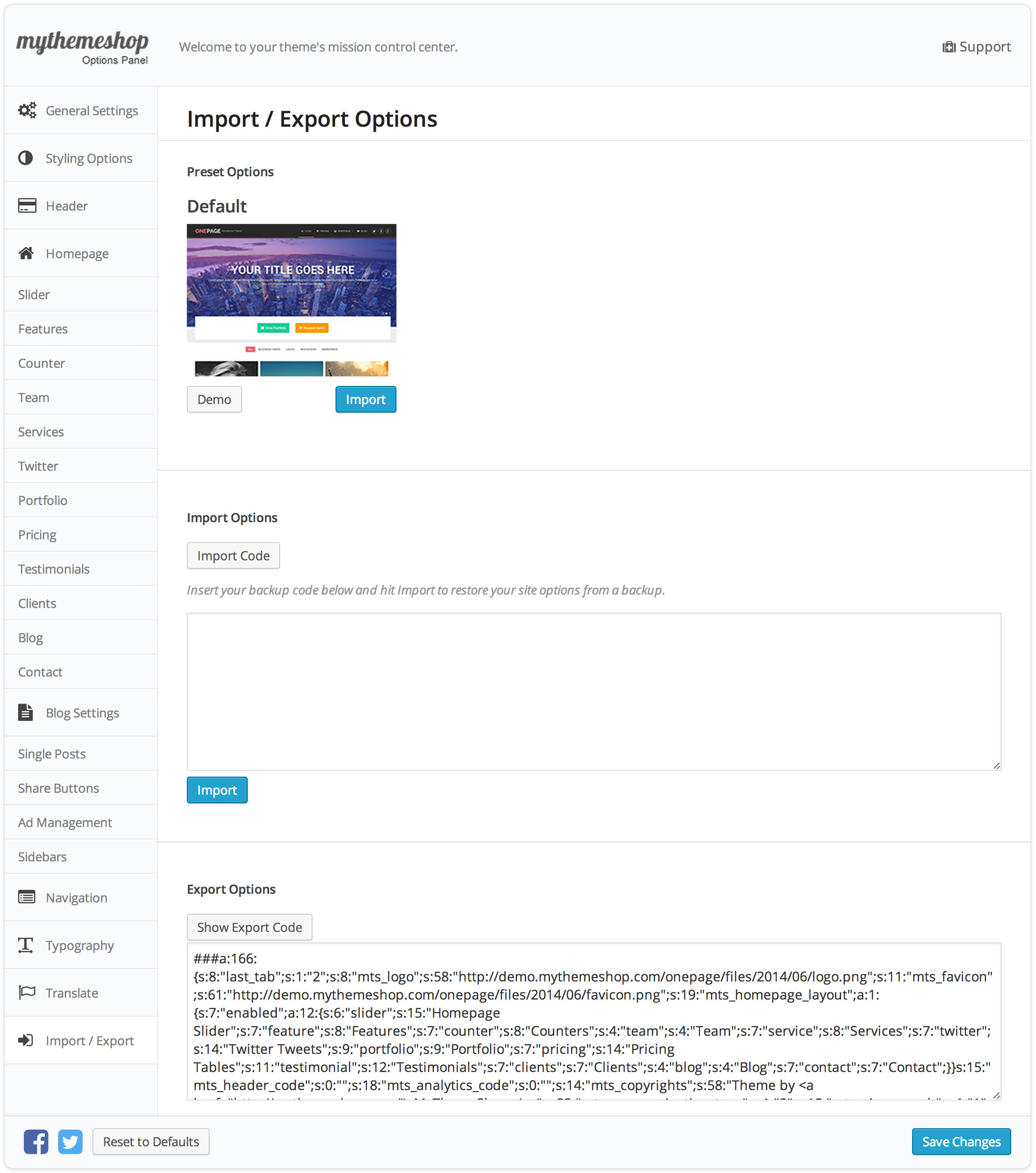 Onepage Import Export Settings